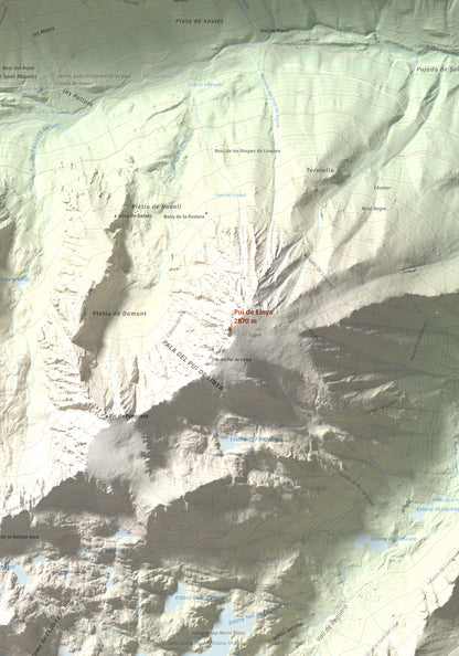 Mapa de relieve de Pui de Linya, 2870 m, Pallars Sobirà, lámina 100 Cims de Trobart. Detalle de la zona central. 70 × 100 cm.