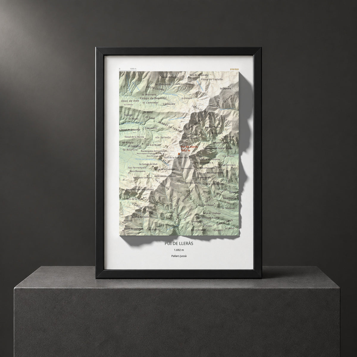 Mapa de relieve de Pui de Lleràs, 1692 m, Pallars Jussà, lámina 100 Cims de Trobart. Presentación enmarcada. 21 × 30 cm.