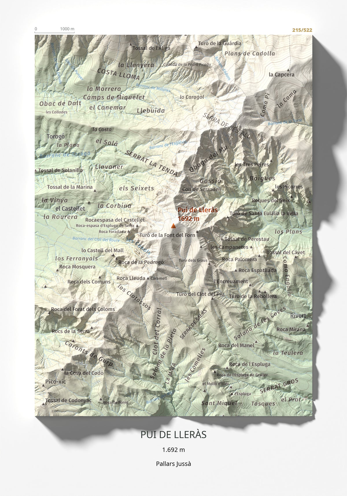 Mapa de relieve de Pui de Lleràs, 1692 m, Pallars Jussà, lámina 100 Cims de Trobart 21 × 30 cm.