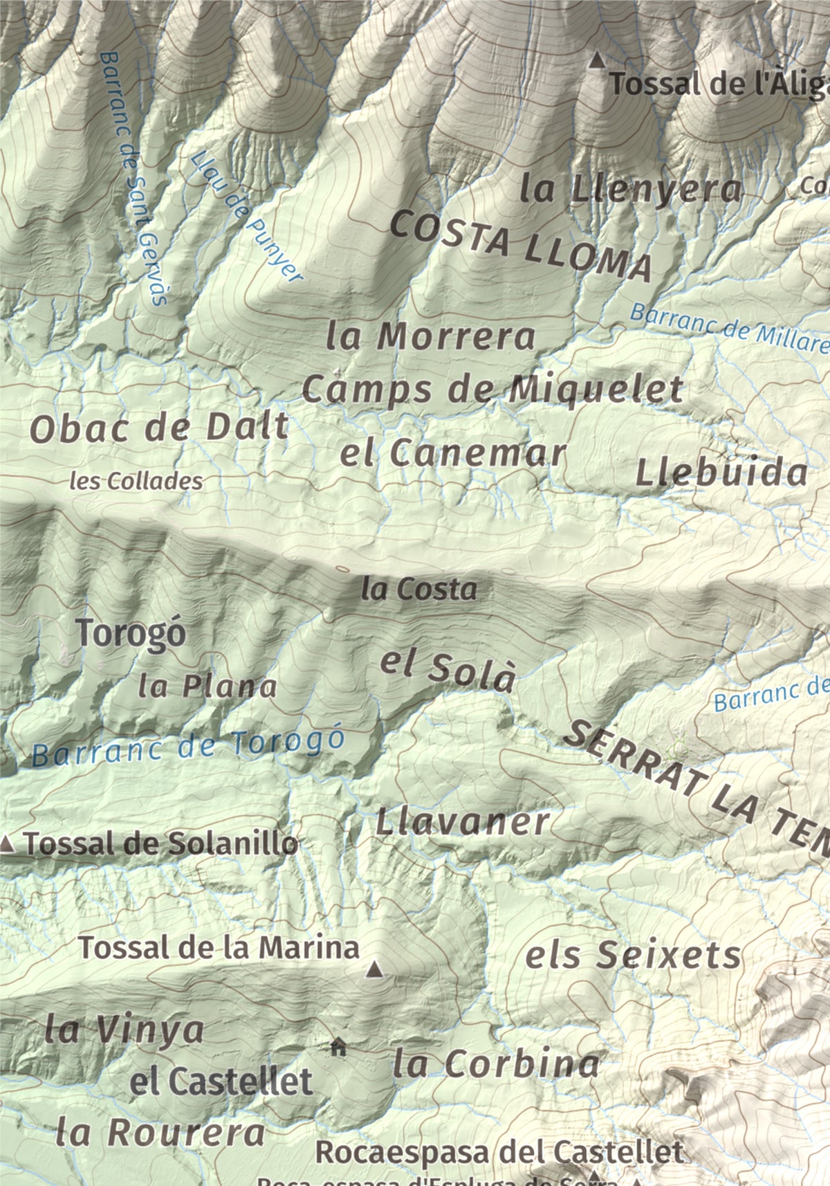Mapa de relieve de Pui de Lleràs, 1692 m, Pallars Jussà, lámina 100 Cims de Trobart. Detalle de la zona superior izquierda. 21 × 30 cm.
