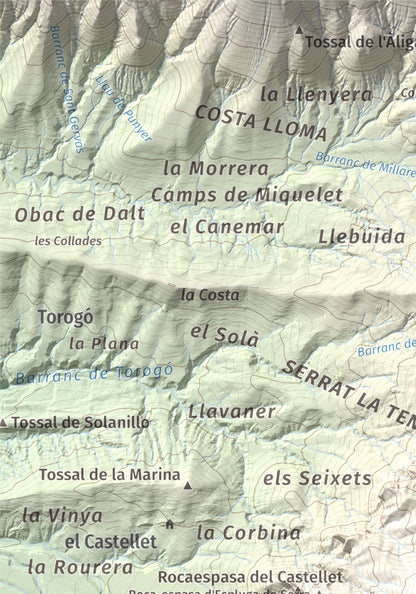 Mapa de relieve de Pui de Lleràs, 1692 m, Pallars Jussà, lámina 100 Cims de Trobart. Detalle de la zona superior izquierda. 21 × 30 cm.