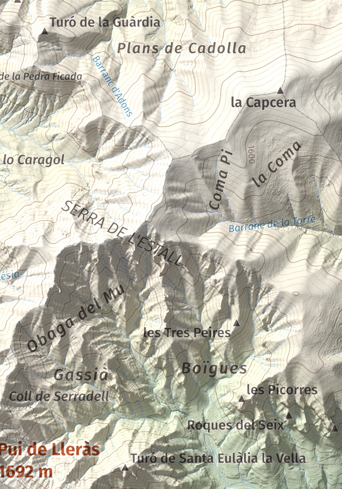 Mapa de relieve de Pui de Lleràs, 1692 m, Pallars Jussà, lámina 100 Cims de Trobart. Detalle de la zona superior derecha. 21 × 30 cm.