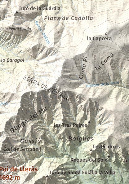 Mapa de relieve de Pui de Lleràs, 1692 m, Pallars Jussà, lámina 100 Cims de Trobart. Detalle de la zona superior derecha. 21 × 30 cm.
