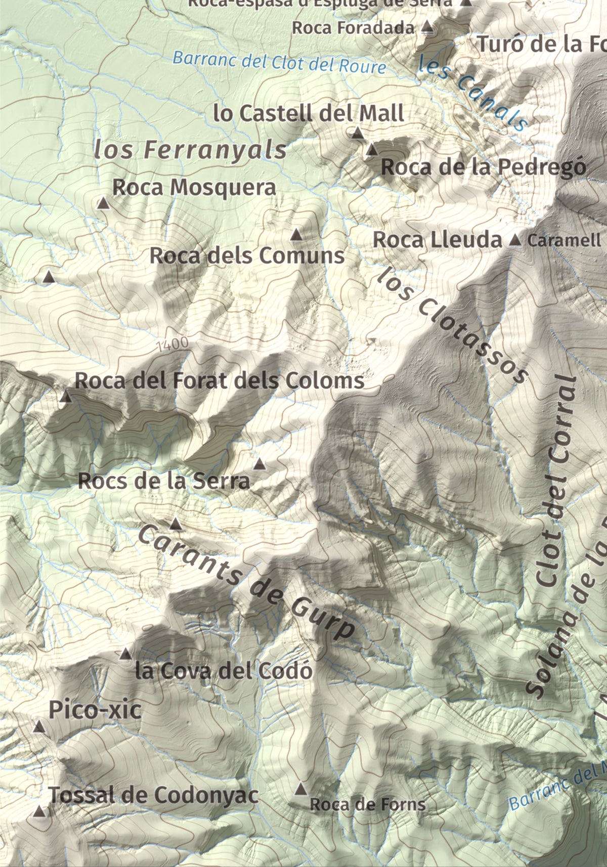 Mapa de relieve de Pui de Lleràs, 1692 m, Pallars Jussà, lámina 100 Cims de Trobart. Detalle de la zona inferior izquierda. 21 × 30 cm.
