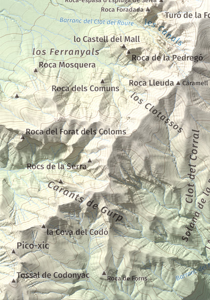 Mapa de relieve de Pui de Lleràs, 1692 m, Pallars Jussà, lámina 100 Cims de Trobart. Detalle de la zona inferior izquierda. 21 × 30 cm.