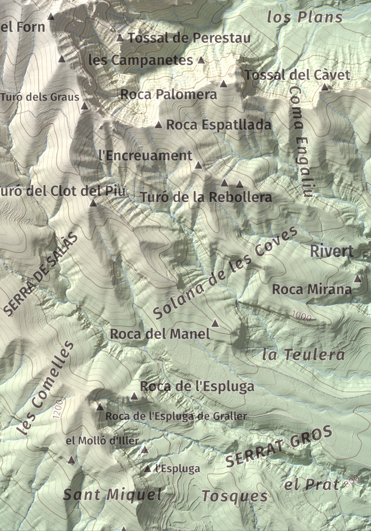 Mapa de relieve de Pui de Lleràs, 1692 m, Pallars Jussà, lámina 100 Cims de Trobart. Detalle de la zona inferior derecha. 21 × 30 cm.