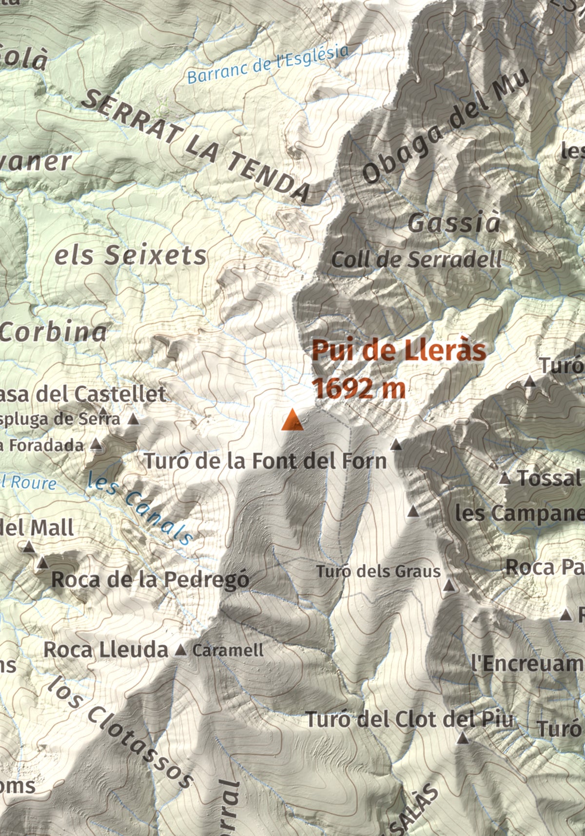 Mapa de relieve de Pui de Lleràs, 1692 m, Pallars Jussà, lámina 100 Cims de Trobart. Detalle de la zona central. 21 × 30 cm.