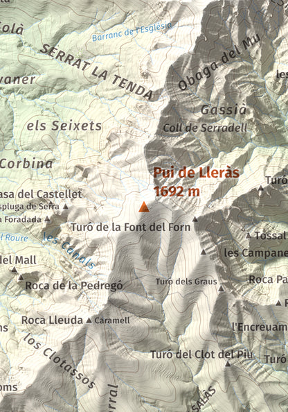 Mapa de relieve de Pui de Lleràs, 1692 m, Pallars Jussà, lámina 100 Cims de Trobart. Detalle de la zona central. 21 × 30 cm.