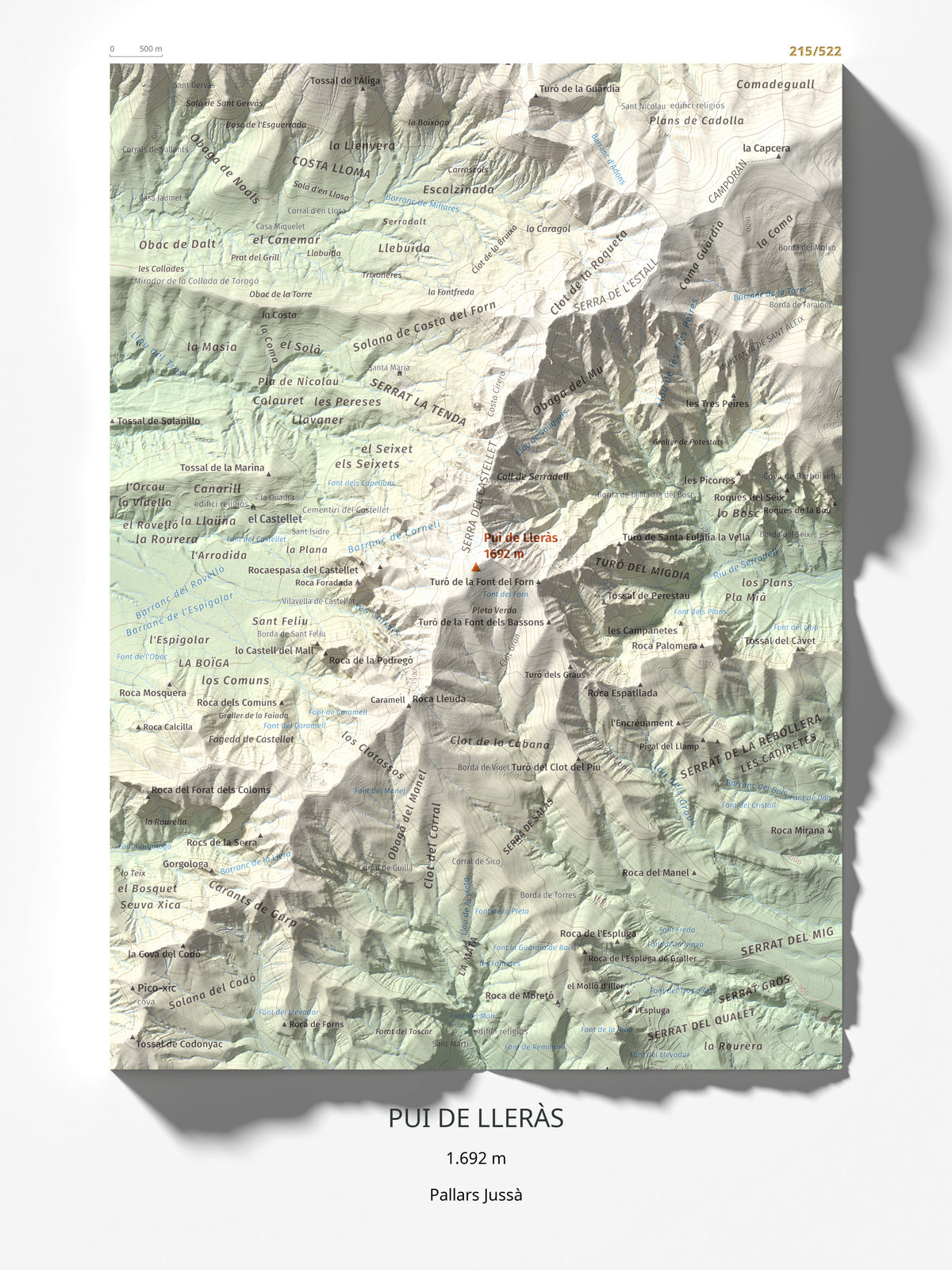 Mapa de relieve de Pui de Lleràs, 1692 m, Pallars Jussà, lámina 100 Cims de Trobart 30 × 40 cm.