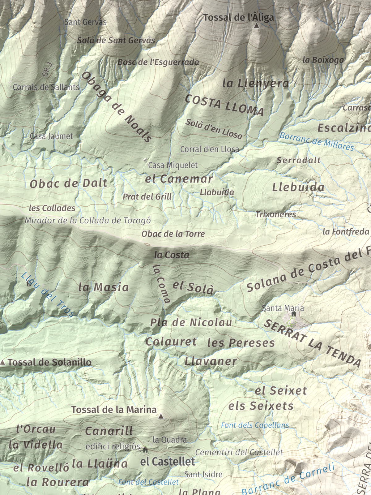 Mapa de relieve de Pui de Lleràs, 1692 m, Pallars Jussà, lámina 100 Cims de Trobart. Detalle de la zona superior izquierda. 30 × 40 cm.