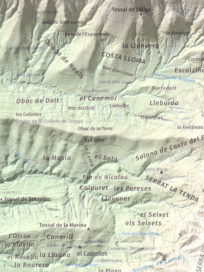 Mapa de relieve de Pui de Lleràs, 1692 m, Pallars Jussà, lámina 100 Cims de Trobart. Detalle de la zona superior izquierda. 30 × 40 cm.