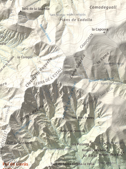 Mapa de relieve de Pui de Lleràs, 1692 m, Pallars Jussà, lámina 100 Cims de Trobart. Detalle de la zona superior derecha. 30 × 40 cm.