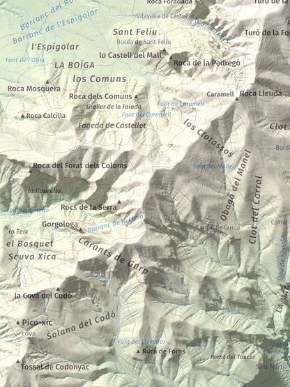 Mapa de relieve de Pui de Lleràs, 1692 m, Pallars Jussà, lámina 100 Cims de Trobart. Detalle de la zona inferior izquierda. 30 × 40 cm.