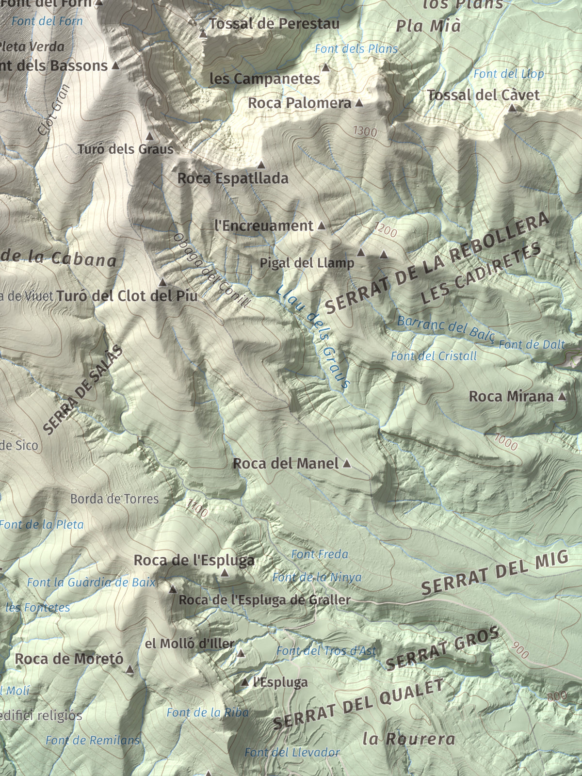 Mapa de relieve de Pui de Lleràs, 1692 m, Pallars Jussà, lámina 100 Cims de Trobart. Detalle de la zona inferior derecha. 30 × 40 cm.