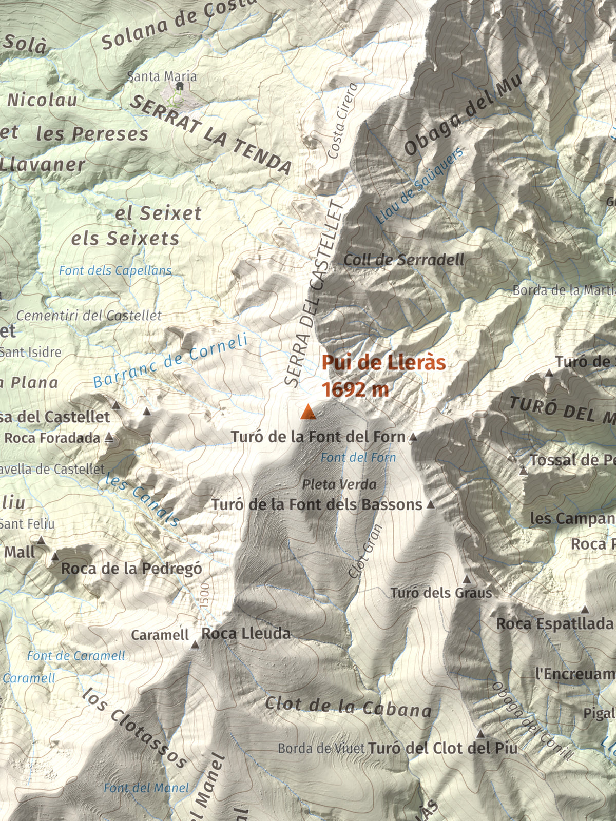 Mapa de relieve de Pui de Lleràs, 1692 m, Pallars Jussà, lámina 100 Cims de Trobart. Detalle de la zona central. 30 × 40 cm.