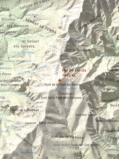 Mapa de relieve de Pui de Lleràs, 1692 m, Pallars Jussà, lámina 100 Cims de Trobart. Detalle de la zona central. 30 × 40 cm.