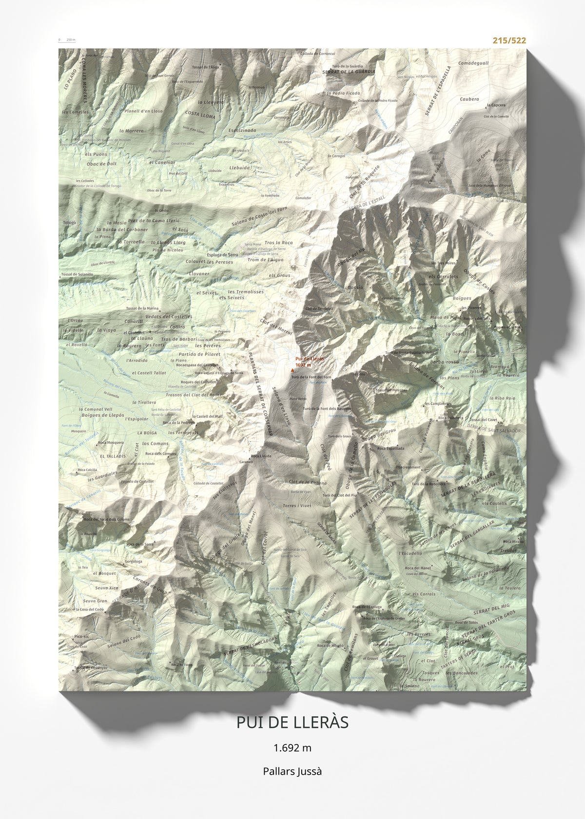 Mapa de relieve de Pui de Lleràs, 1692 m, Pallars Jussà, lámina 100 Cims de Trobart 50 × 70 cm.