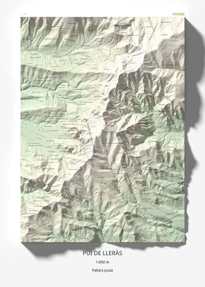 Mapa de relieve de Pui de Lleràs, 1692 m, Pallars Jussà, lámina 100 Cims de Trobart 50 × 70 cm.