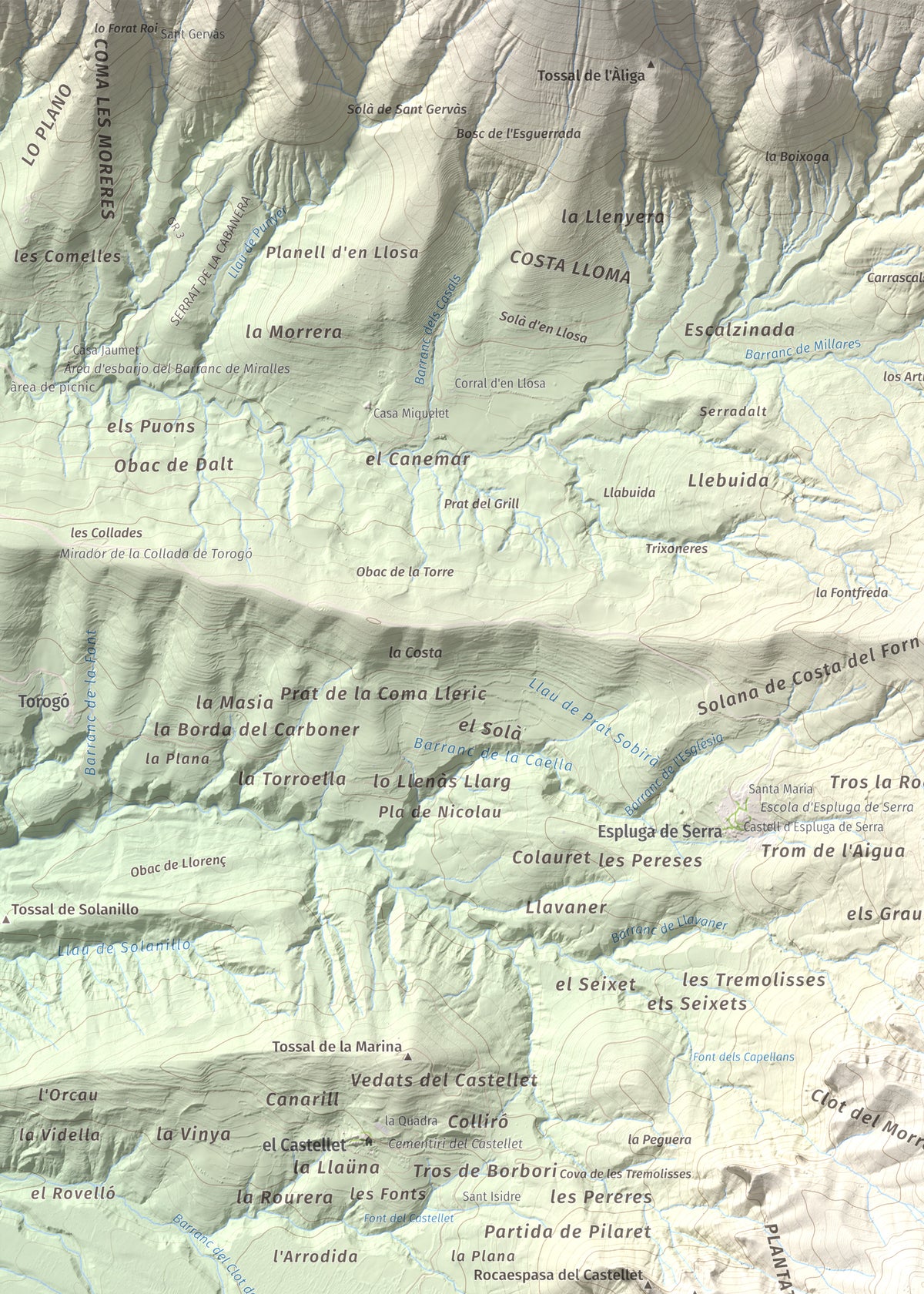 Mapa de relieve de Pui de Lleràs, 1692 m, Pallars Jussà, lámina 100 Cims de Trobart. Detalle de la zona superior izquierda. 50 × 70 cm.