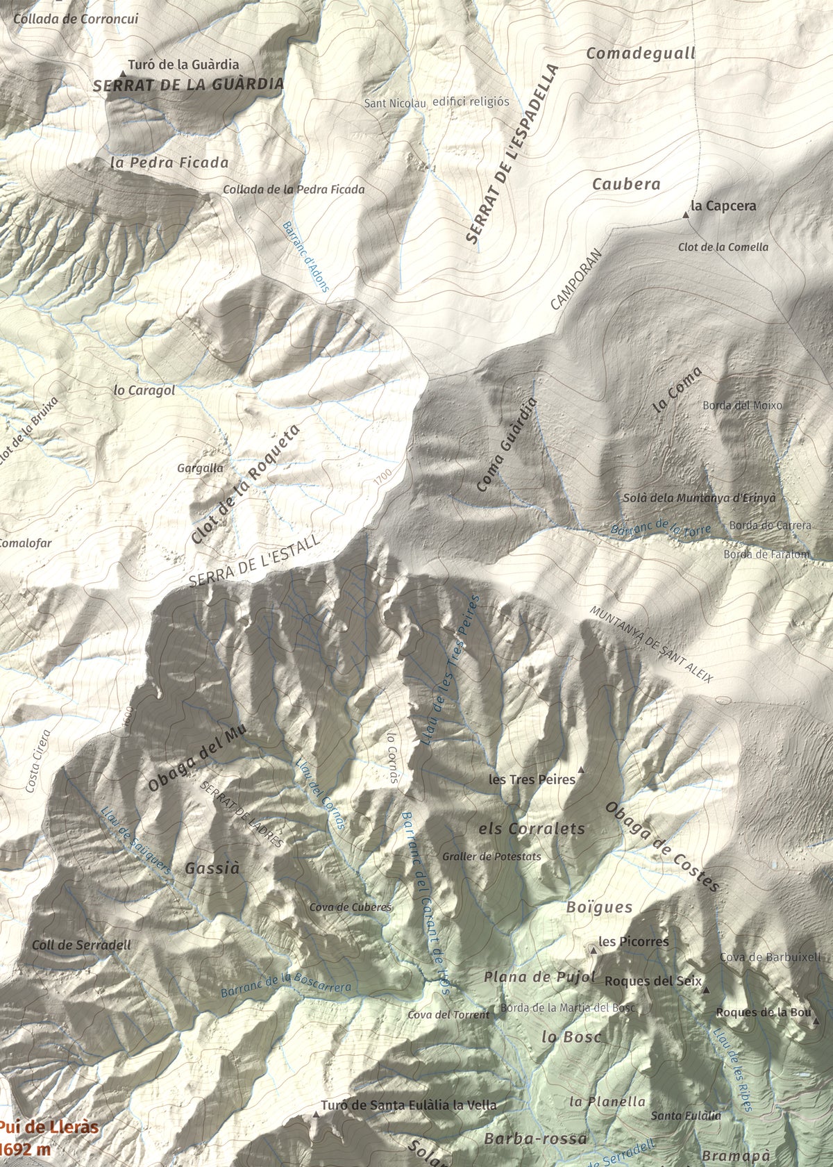 Mapa de relieve de Pui de Lleràs, 1692 m, Pallars Jussà, lámina 100 Cims de Trobart. Detalle de la zona superior derecha. 50 × 70 cm.