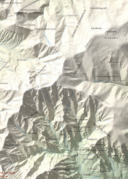 Mapa de relieve de Pui de Lleràs, 1692 m, Pallars Jussà, lámina 100 Cims de Trobart. Detalle de la zona superior derecha. 50 × 70 cm.
