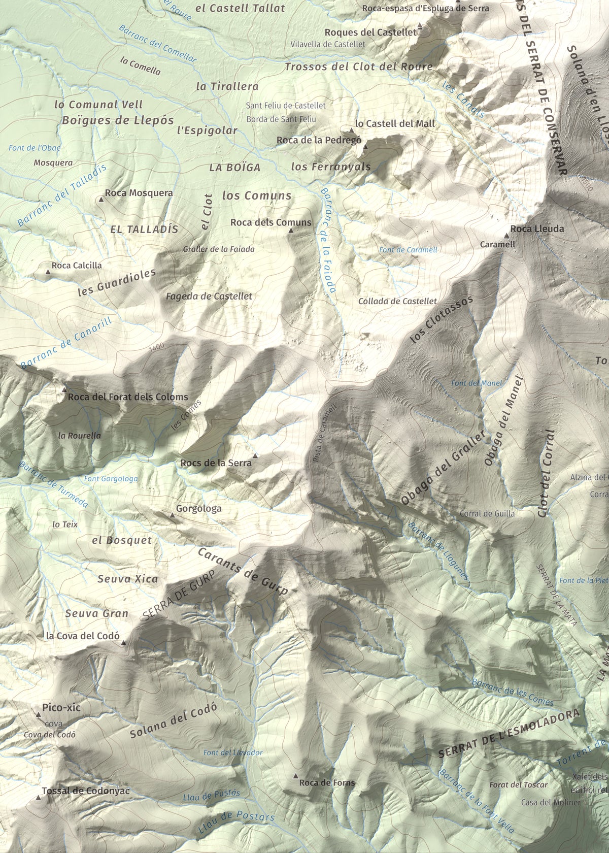 Mapa de relieve de Pui de Lleràs, 1692 m, Pallars Jussà, lámina 100 Cims de Trobart. Detalle de la zona inferior izquierda. 50 × 70 cm.
