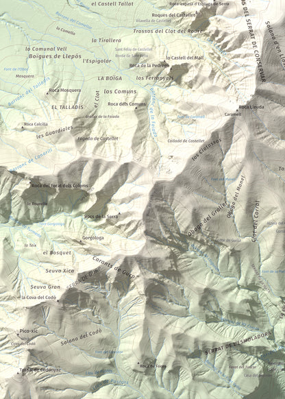 Mapa de relieve de Pui de Lleràs, 1692 m, Pallars Jussà, lámina 100 Cims de Trobart. Detalle de la zona inferior izquierda. 50 × 70 cm.