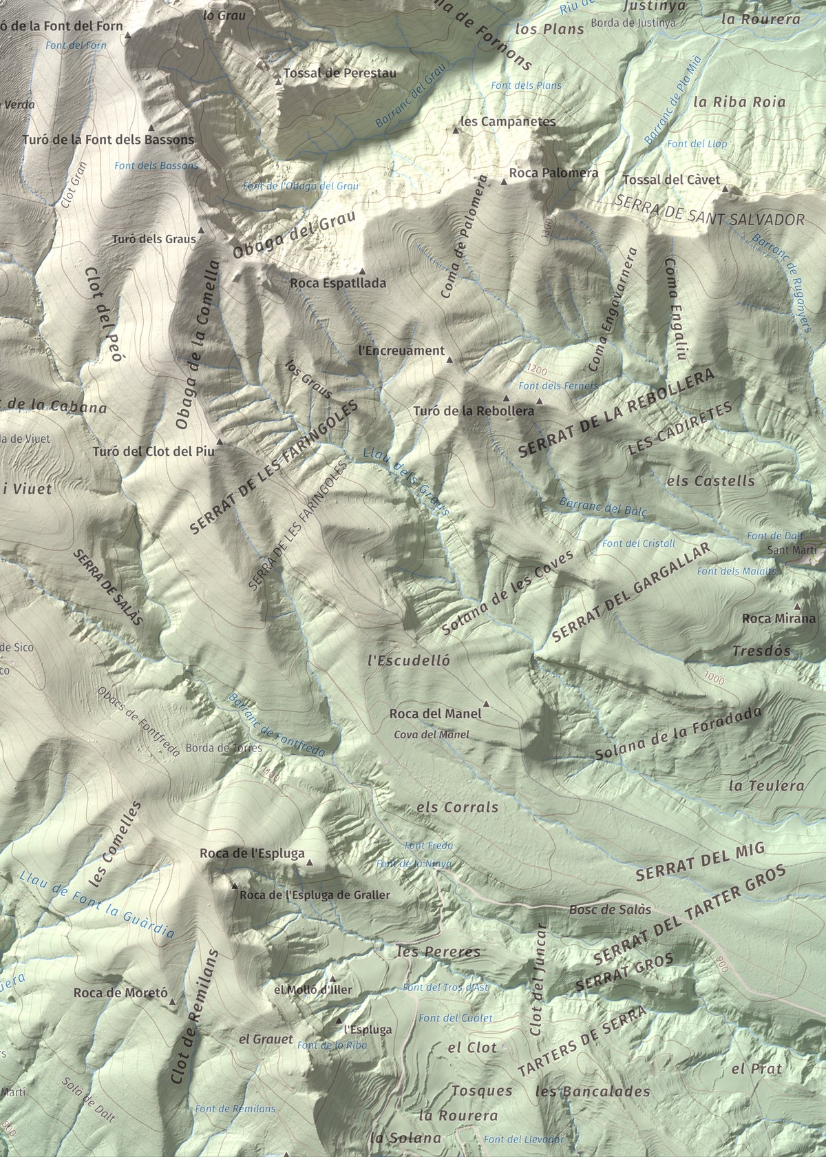Mapa de relieve de Pui de Lleràs, 1692 m, Pallars Jussà, lámina 100 Cims de Trobart. Detalle de la zona inferior derecha. 50 × 70 cm.