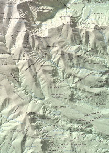 Mapa de relieve de Pui de Lleràs, 1692 m, Pallars Jussà, lámina 100 Cims de Trobart. Detalle de la zona inferior derecha. 50 × 70 cm.