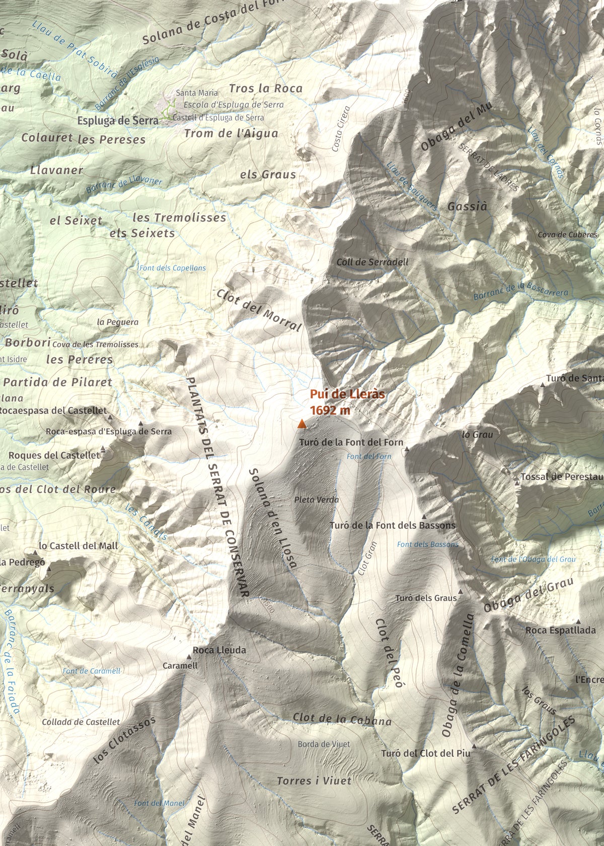 Mapa de relieve de Pui de Lleràs, 1692 m, Pallars Jussà, lámina 100 Cims de Trobart. Detalle de la zona central. 50 × 70 cm.