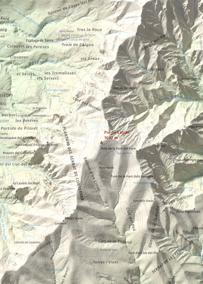 Mapa de relieve de Pui de Lleràs, 1692 m, Pallars Jussà, lámina 100 Cims de Trobart. Detalle de la zona central. 50 × 70 cm.