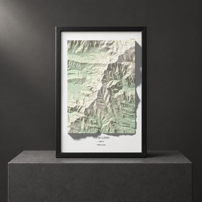 Mapa de relieve de Pui de Lleràs, 1692 m, Pallars Jussà, lámina 100 Cims de Trobart. Presentación enmarcada. 61 × 91 cm.