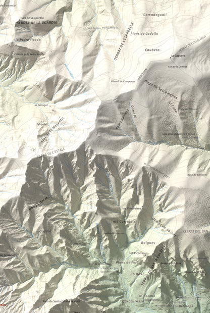 Mapa de relieve de Pui de Lleràs, 1692 m, Pallars Jussà, lámina 100 Cims de Trobart. Detalle de la zona superior derecha. 61 × 91 cm.