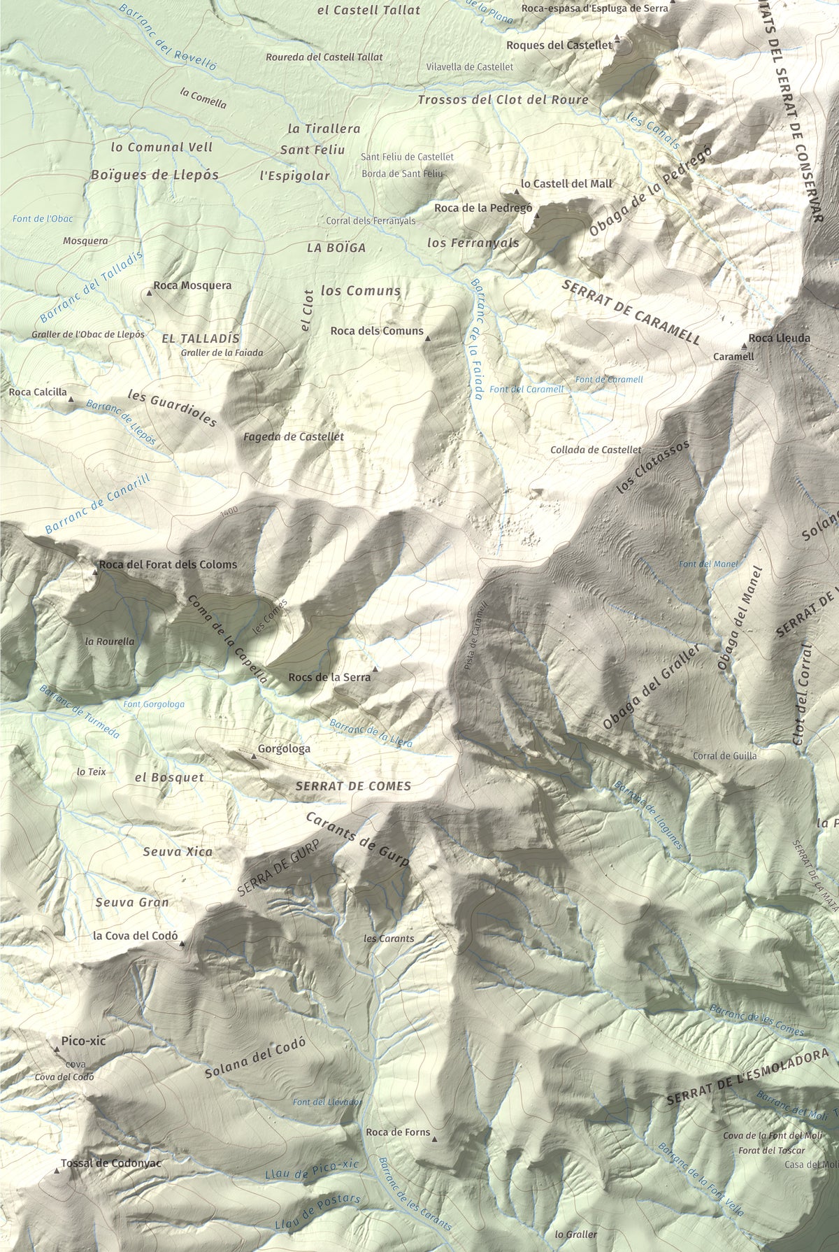 Mapa de relieve de Pui de Lleràs, 1692 m, Pallars Jussà, lámina 100 Cims de Trobart. Detalle de la zona inferior izquierda. 61 × 91 cm.
