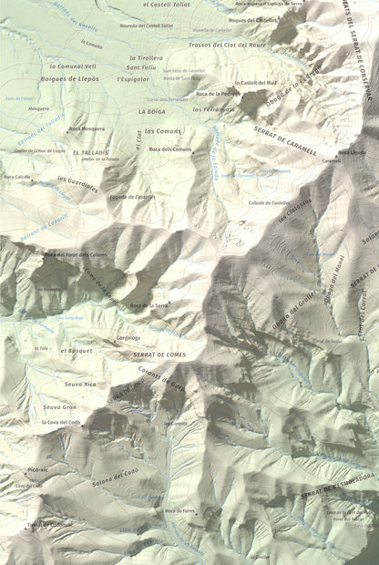 Mapa de relieve de Pui de Lleràs, 1692 m, Pallars Jussà, lámina 100 Cims de Trobart. Detalle de la zona inferior izquierda. 61 × 91 cm.