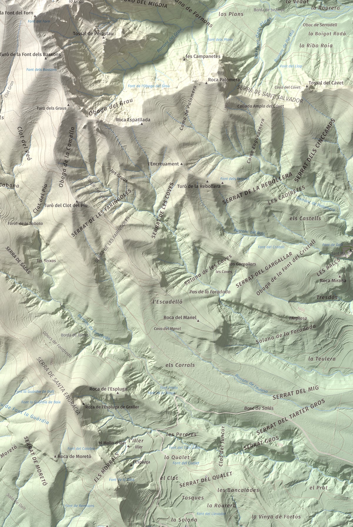 Mapa de relieve de Pui de Lleràs, 1692 m, Pallars Jussà, lámina 100 Cims de Trobart. Detalle de la zona inferior derecha. 61 × 91 cm.