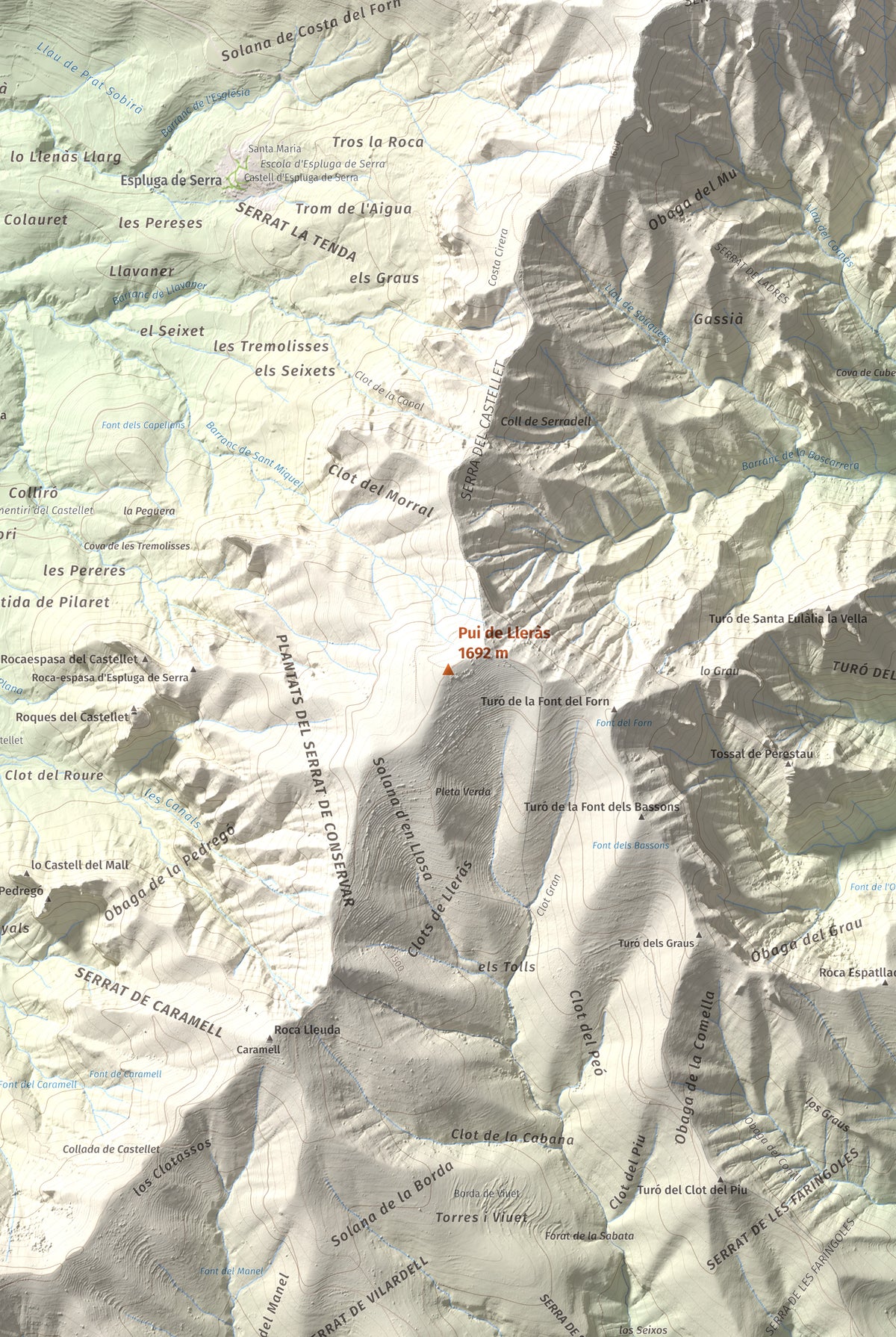 Mapa de relieve de Pui de Lleràs, 1692 m, Pallars Jussà, lámina 100 Cims de Trobart. Detalle de la zona central. 61 × 91 cm.