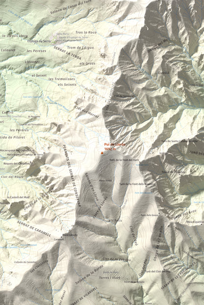 Mapa de relieve de Pui de Lleràs, 1692 m, Pallars Jussà, lámina 100 Cims de Trobart. Detalle de la zona central. 61 × 91 cm.