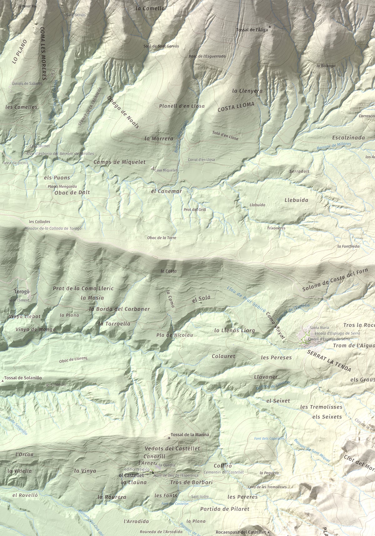 Mapa de relieve de Pui de Lleràs, 1692 m, Pallars Jussà, lámina 100 Cims de Trobart. Detalle de la zona superior izquierda. 70 × 100 cm.