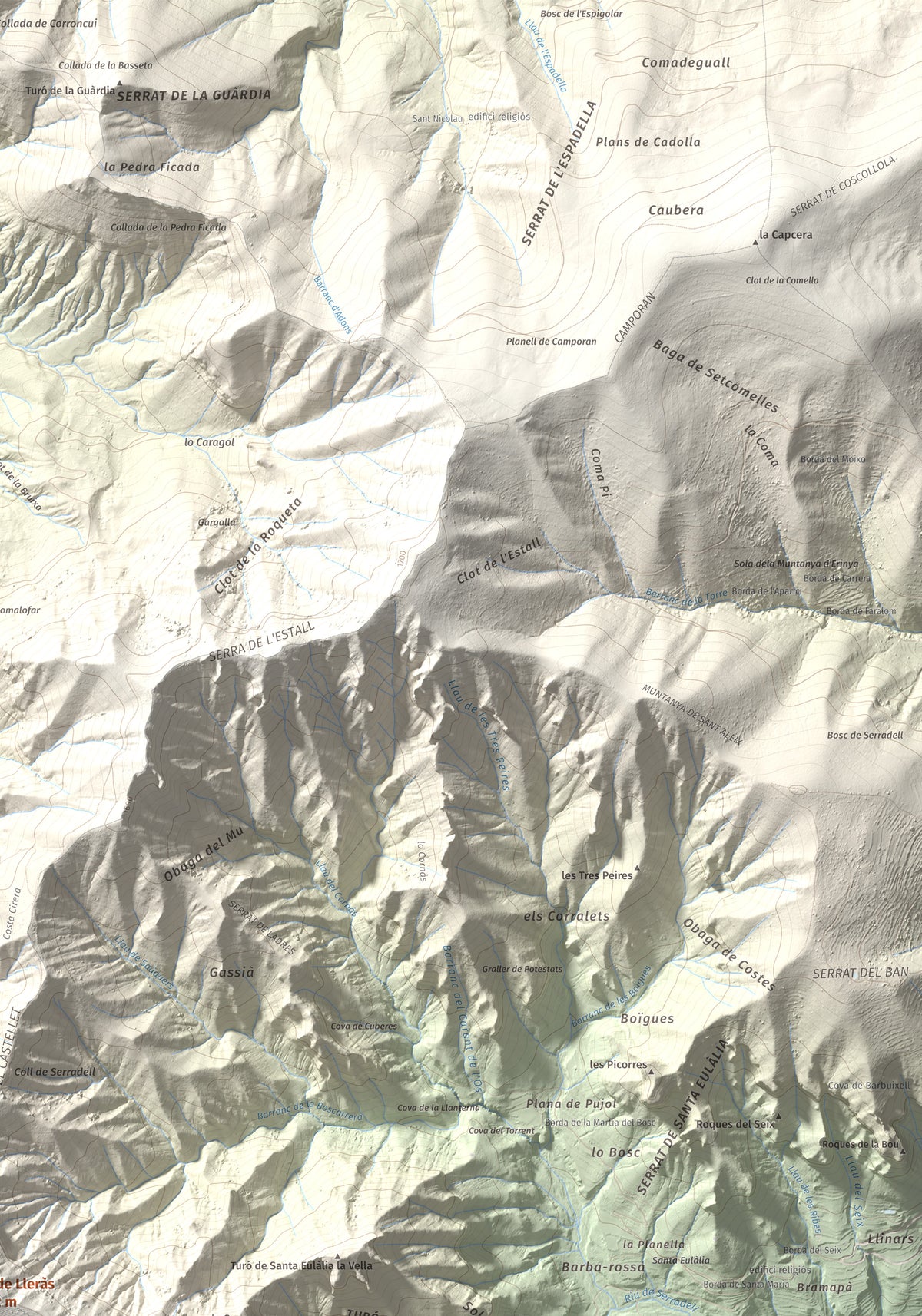Mapa de relieve de Pui de Lleràs, 1692 m, Pallars Jussà, lámina 100 Cims de Trobart. Detalle de la zona superior derecha. 70 × 100 cm.