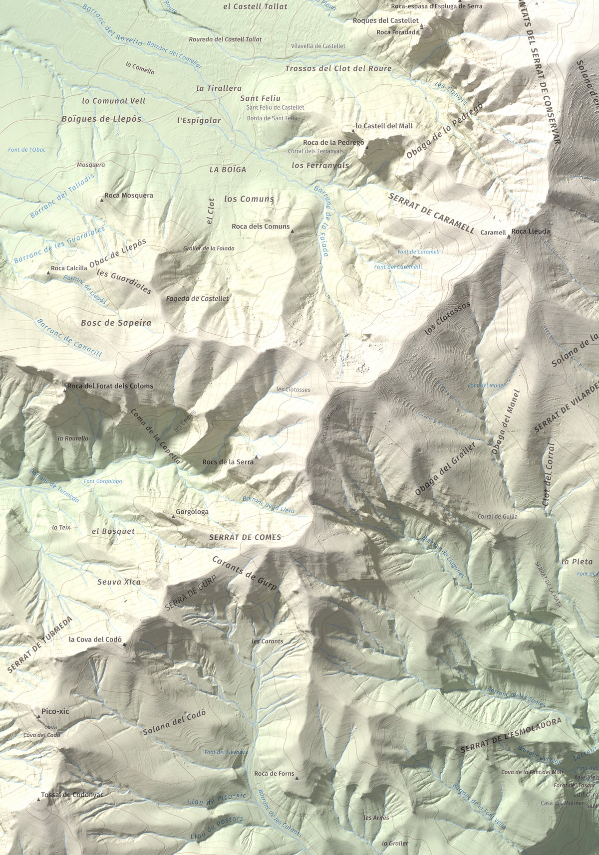 Mapa de relieve de Pui de Lleràs, 1692 m, Pallars Jussà, lámina 100 Cims de Trobart. Detalle de la zona inferior izquierda. 70 × 100 cm.