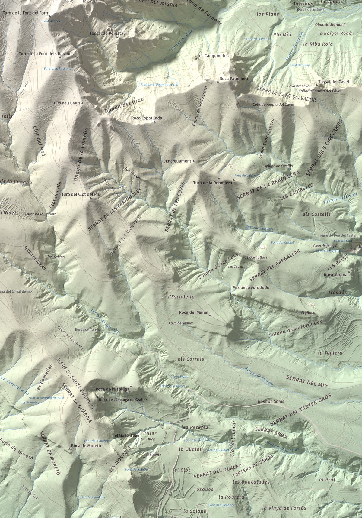 Mapa de relieve de Pui de Lleràs, 1692 m, Pallars Jussà, lámina 100 Cims de Trobart. Detalle de la zona inferior derecha. 70 × 100 cm.