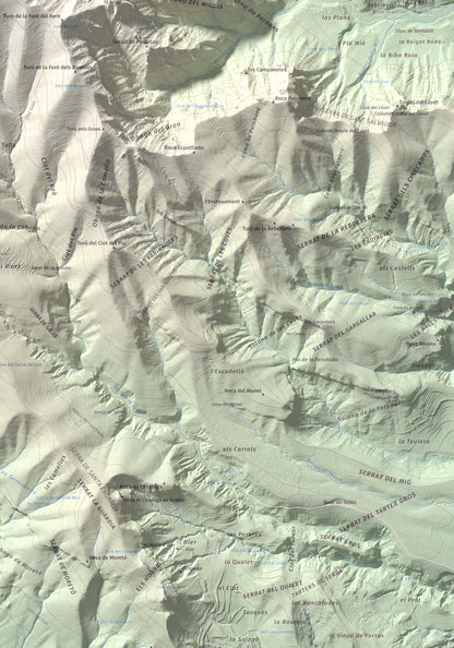 Mapa de relieve de Pui de Lleràs, 1692 m, Pallars Jussà, lámina 100 Cims de Trobart. Detalle de la zona inferior derecha. 70 × 100 cm.