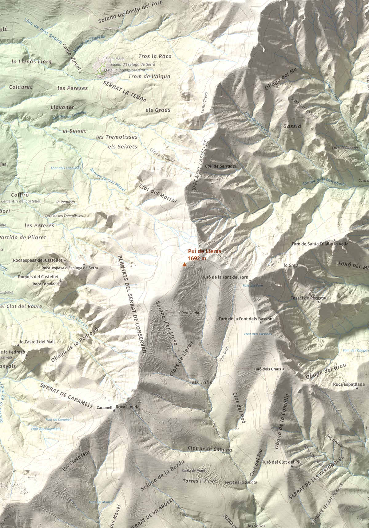 Mapa de relieve de Pui de Lleràs, 1692 m, Pallars Jussà, lámina 100 Cims de Trobart. Detalle de la zona central. 70 × 100 cm.