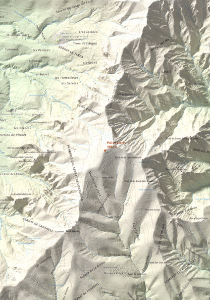 Mapa de relieve de Pui de Lleràs, 1692 m, Pallars Jussà, lámina 100 Cims de Trobart. Detalle de la zona central. 70 × 100 cm.