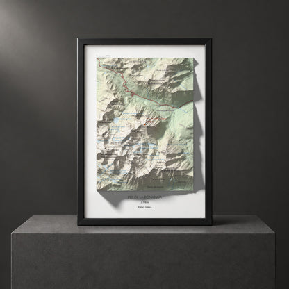 Mapa de relieve de Pui de la Bonaigua, 2778 m, Pallars Sobirà, lámina 100 Cims de Trobart. Presentación enmarcada. 21 × 30 cm.