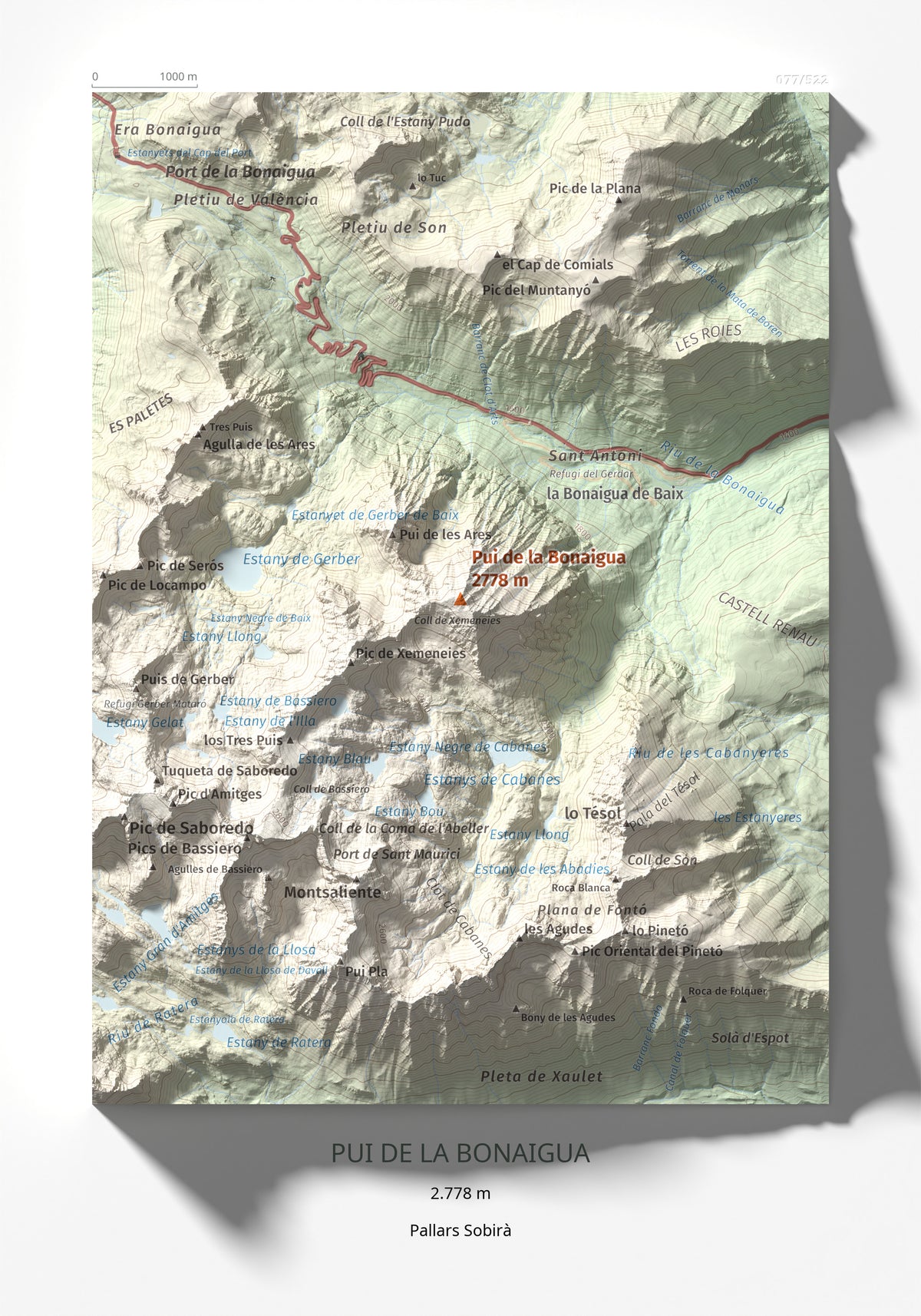 Mapa de relieve de Pui de la Bonaigua, 2778 m, Pallars Sobirà, lámina 100 Cims de Trobart 21 × 30 cm.