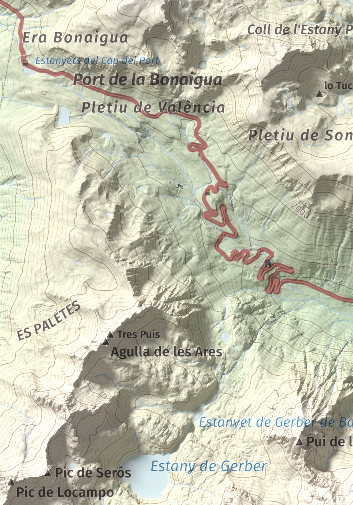 Mapa de relieve de Pui de la Bonaigua, 2778 m, Pallars Sobirà, lámina 100 Cims de Trobart. Detalle de la zona superior izquierda. 21 × 30 cm.
