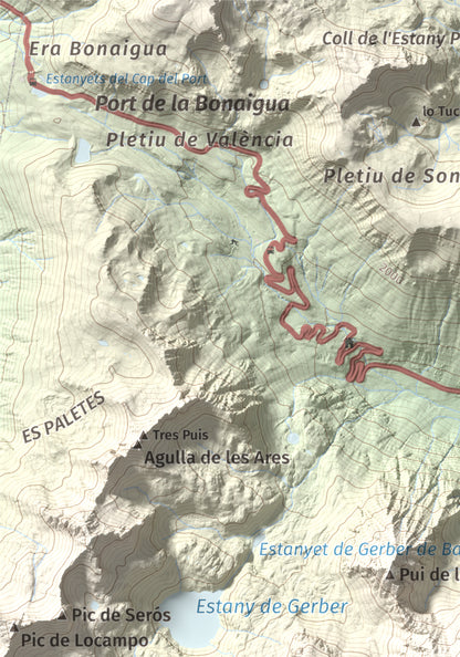 Mapa de relieve de Pui de la Bonaigua, 2778 m, Pallars Sobirà, lámina 100 Cims de Trobart. Detalle de la zona superior izquierda. 21 × 30 cm.