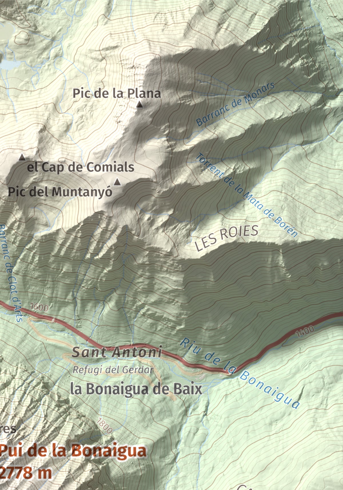Mapa de relieve de Pui de la Bonaigua, 2778 m, Pallars Sobirà, lámina 100 Cims de Trobart. Detalle de la zona superior derecha. 21 × 30 cm.